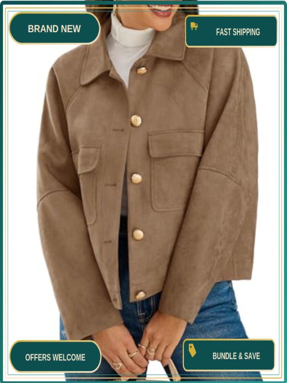 Womens Faux Suede Jacket Cropped Vintage Shacket Fall